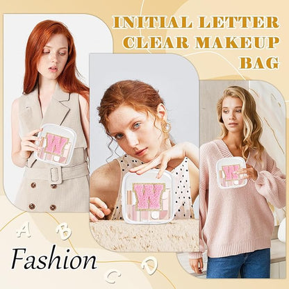 Personalized Initial Letter Clear Preppy Makeup Bag,Mini Nylon Chenille Letter Cosmetic Bag Cute Zipper Pouch Purse for Teen Girls,Portable TSA Approved Beach Travel Essentials Bag Gift for Women,W