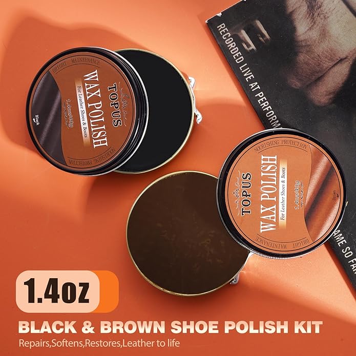 TOPUS Shoe Polish Kit Include 3 Pieces Horsehair Shoe Brushes in 6.7IN Handle, 1.4oz Black & Brown Shoe Polish & Shine Cloths