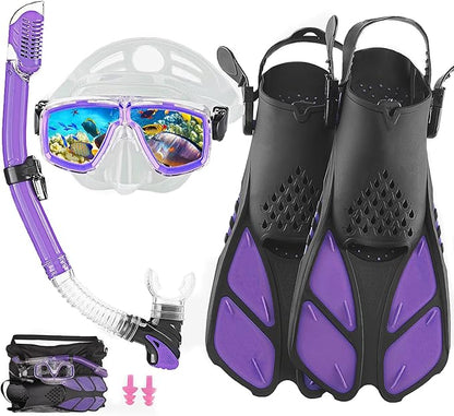 Snorkeling Gear for Adults with Fins Scuba Diving Gear Adult Professional Travel Snorkel Sets with Flippers,Anti-Fog Anti-Leak Diving Mask