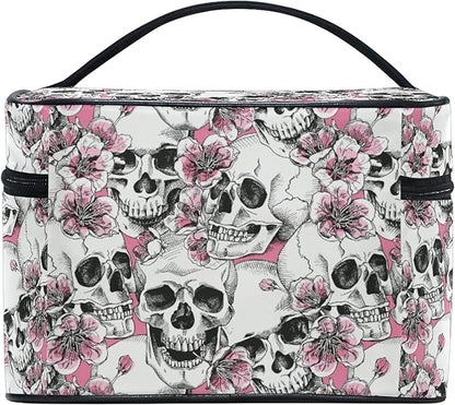 Makeup Bag, Halloween Skull Flowers And Pink Cherries Travel Makeup Organizer Bag Cosmetic Cases Toiletry Bags for Girl Women Ladies