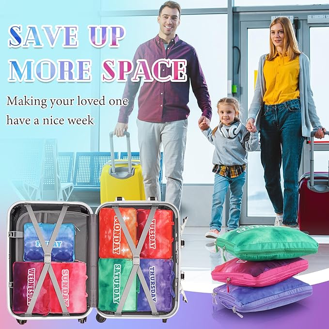 Paterr 7 Pcs Days of Week Packing Cubes Compression Packing Cubes for Kids Winter Camp Travel Daily Outfit Suitcase Organizers Zippered Storage Bag for Cruise Vacation Essentials(Multicolor)