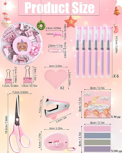 Pink Desk Accessories, 24Pcs Pink Office Supplies and Desk Organizers, with Tape Dispenser, Stapler, Staple Remover, Ect, Christmas Gifts