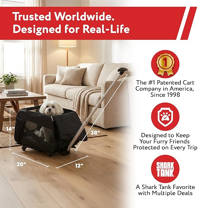 dbest products Smart Cart Pet Carrier with Wheels, Airline Approved Dog and Cat Carrier with Telescoping Handle, 21x12x12in, 24 lb Capacity, Black