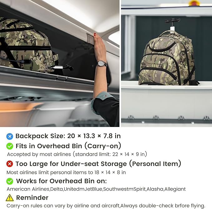 Boavan Rolling Backpack,17 inch Water Resistant Wheeled Backpack,Carry on Luggage Business Bag, Overnight College Computer Bag Trolley Suitcase for Men Women Adults to Travel