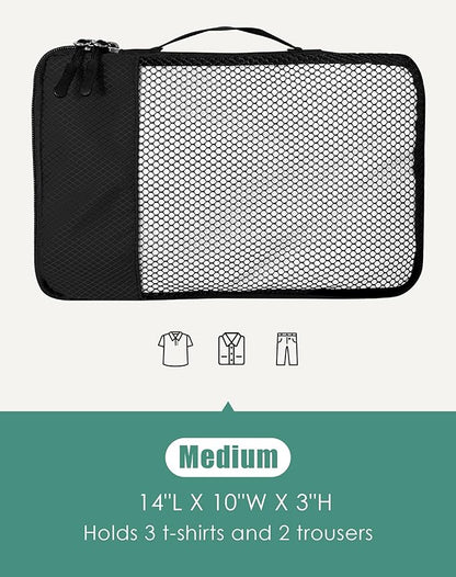 4-Piece Packing Cubes Travel Accessories Set for Suitcases - Luggage Organizer Bags with Double Zipper - Mesh Top - Medium - Black
