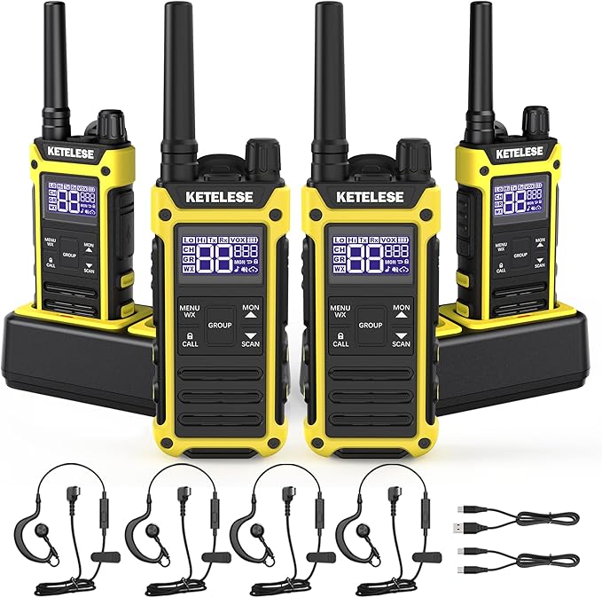 KETELESE T3F IP67 Waterproof Two Way Radios, FRS Walkie Talkie 4 Pack with Earpieces,USB C Charge Dock,Group Talk,Flashlight,VOX,Weather Alert, for Adults, Black/Yellow