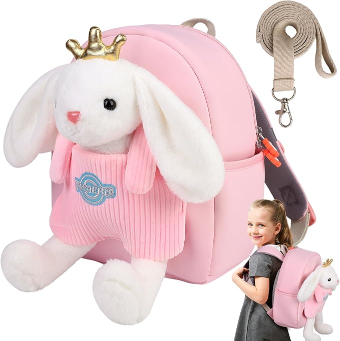 Small Rabbit Toddler Backpacks with Soft Bunny Dolls & Leash Preschool Backpack with Stuffed Animals for School Travel, 2 3 4 5 6 Year Old