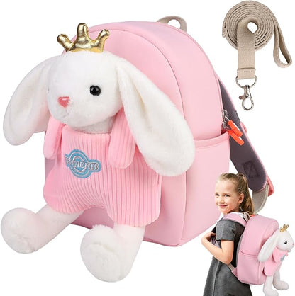 Small Rabbit Toddler Backpacks with Soft Bunny Dolls & Leash Preschool Backpack with Stuffed Animals for School Travel, 2 3 4 5 6 Year Old