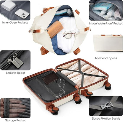 Merax Front Opening 20-Inch Carry-On Luggage with Expandable Travel Bag Set, ABS Hard Shell Two-piece Suitcase Set with USB Port, Cup Holder, ABS+Ivory