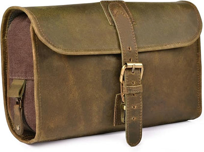 LEATHER VILLAGE Hanging Leather Toiletry Bag for Men – Handcrafted Vintage Premium Travel Dopp Kit with Waterproof Lining, Shaving Organizer and Shower Bathroom Essentials Case - Mud