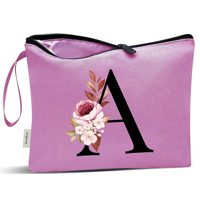 Vavabox A-Z Personalized Makeup Bag, Birthday Gifts for Women Mom, Gifts for Best Friend, Bride Bridesmaid Cosmetic bag (A, Purple)