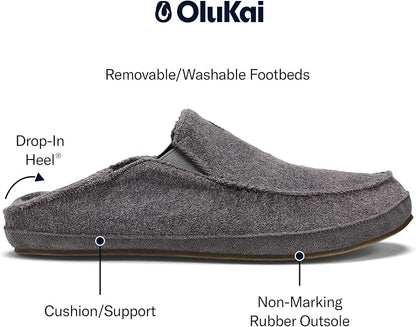 OLUKAI Moloa Hulu Men's Wool-Blend Slippers, Soft & Heathered Knit Slip On Shoes, Suede Leather Foxing, Drop-In Heel Design