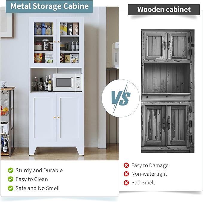 69" Tall Modern Metal Pantry Cabinet with Microwave Stand, Freestanding Linen Cabinet for Bathroom, Kitchen, Dining & Living Room, Kitchen Hutch & Coffee Bar(Glass)