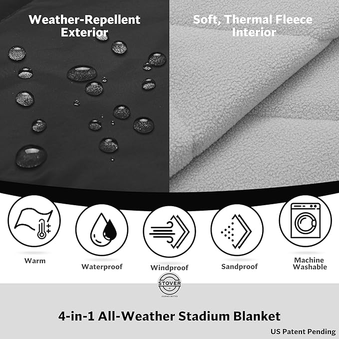 STOVER Large Waterproof Outdoor Stadium Blanket– Extra Thick Soft Fleece Camping Blanket for Travel, Picnics, Sports, Dogs– 79"x55", Warm, Windproof, Sand-Proof, Lightweight, Packable (Onyx Black)