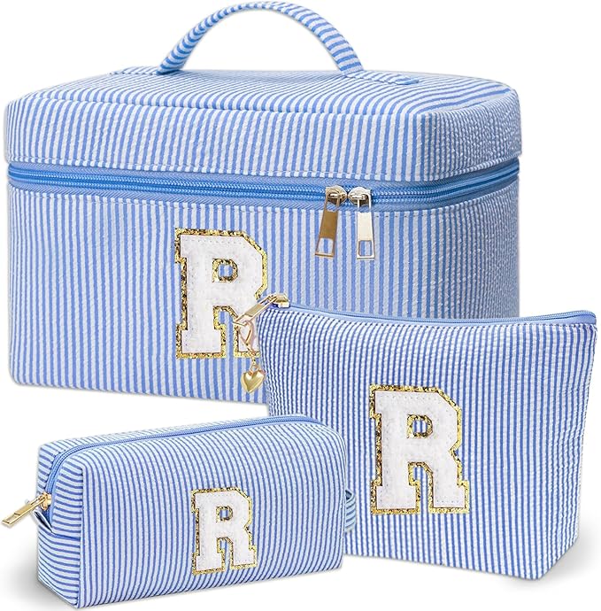 Personalized Monogram Makeup Bag, 3PCS Custom Monogrammed Toiletry Cosmetic Bag for 6-18 Teen Girls Women,Birthday Graduation Gifts Initial Pouch Makeup Bags for Women Girls, Make Up Bag (R, Blue)