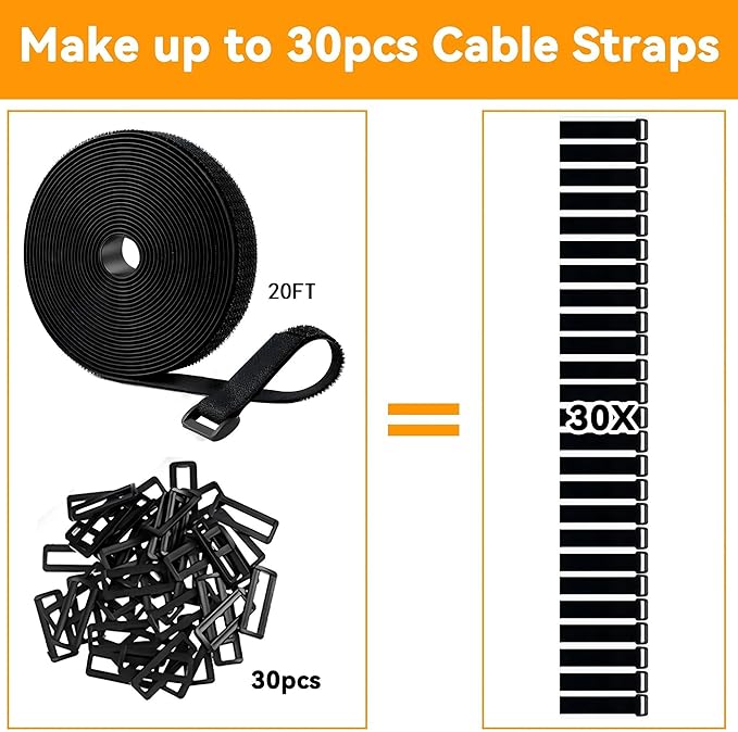 20Ft x 1" Adjustable Cable Straps with 30 Buckles, Hook and Loop Straps, Reusable Nylon Cable Ties for Cord Organiser, Organizer, Cable Tidy, Free Cut Length, Black
