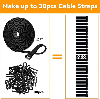 20Ft x 1" Adjustable Cable Straps with 30 Buckles, Hook and Loop Straps, Reusable Nylon Cable Ties for Cord Organiser, Organizer, Cable Tidy, Free Cut Length, Black