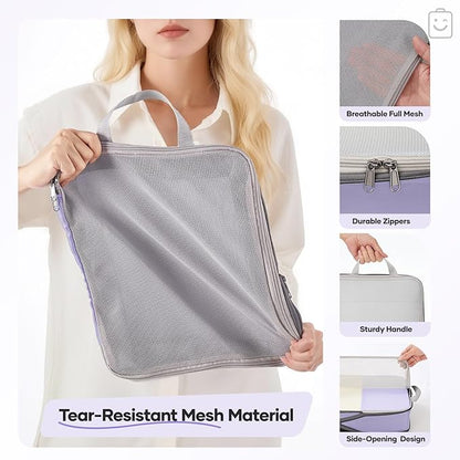Veken 11 Set Compression Packing Cubes for Travel Essentials,Compressible Expandable Large Luggage Suitcase Organizer Bags for Clothing,Durable Space Saver Storage Bags with Toiletry Bags(Purple Gray)