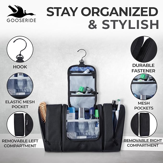 Travel Toiletry Bag for Women and Men - Hanging Cosmetic Travel Bag w/ 3 Detachable Organizer, Durable Hygiene Bag, Hanging Toiletry Bag Men or Makeup Case for Skincare - Black