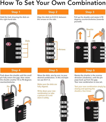 TSA Locks for Luggage, 2-Pc Durable Steel Padlock, Keyless Easy to Read 4-Digit Combination Lock for Backpacks, Travel Suitcases, Toolbox, Filing Cabinets, Baggage & Gym Locker, Red/Blue