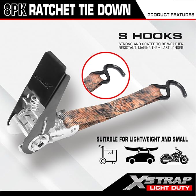 XSTRAP STANDARD Ratchet Tie Down Straps - 8PK - 1'' x 10 ft - 900 LB Break Strength Cargo Straps for Moving Appliances, Lawn Equipment, Motorcycle (Camouflage2)