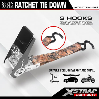 XSTRAP STANDARD Ratchet Tie Down Straps - 8PK - 1'' x 10 ft - 900 LB Break Strength Cargo Straps for Moving Appliances, Lawn Equipment, Motorcycle (Camouflage2)