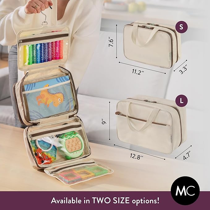 Kids Travel Organizer – Multi-Compartment, Water-Resistant Hanging Bag for Toys, Snacks, & Activities - Compact, Lightweight Design with Hook & Carry Handle - Perfect for Travel Use (Beige, Small)