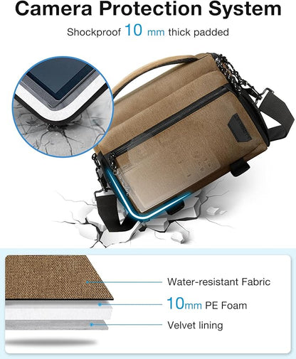 BAGSMART Small Camera Bag for Photographers, Compact Camera Shoulder Bags for DSLR/SLR/Mirrorless Cameras, Waterproof Crossbody Camera Case with Tripod Holder, Khaki