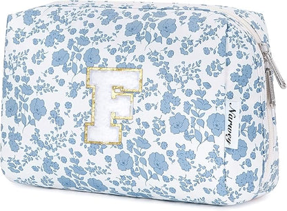 Narwey Birthday Gifts for Teen Girls Kids Women Personalized Initial Floral Makeup Bag Cute Cosmetic Trendy Stuff 6 8 10 11 12 13 14 16 18 Years Old Travel Toiletry Bag (Little Blue Flower F)