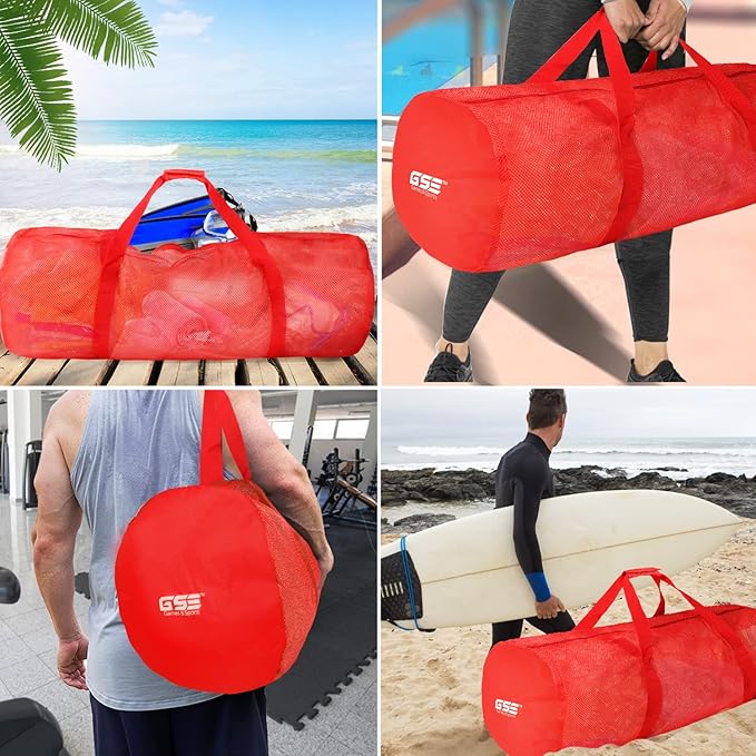 Red Heavy-Duty Large Mesh Sports Duffle Bag, Dry Bag, Diving Equipment Scuba Bag with Zipper. Great for Gym Workout, Sport Balls Storage, Scuba Gear, Snorkeling, Water Sports and Travel