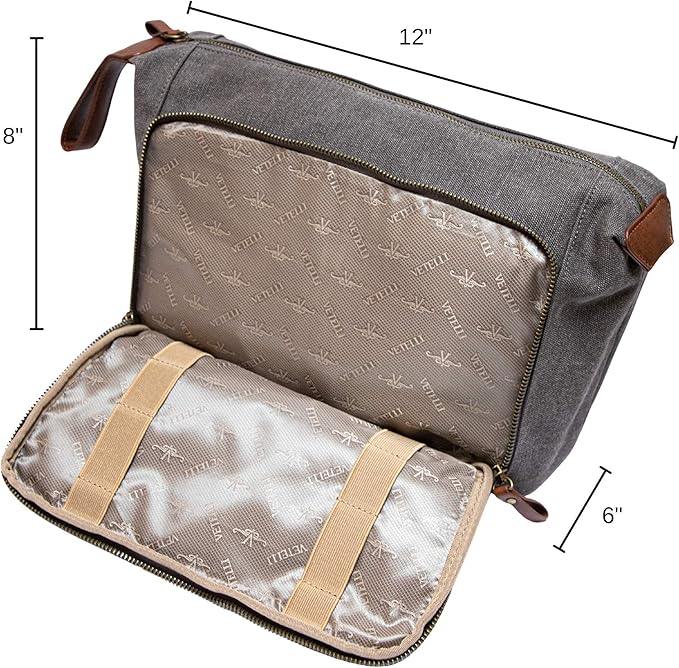 Vetelli Vintage Canvas Toiletry Bags, Travel In Style, Waterproof Canvas Dopp Kits, Durable (Messner) (Light Gray)