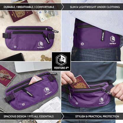 VENTURE 4TH Money Belt for Travel – Hidden Under-Clothes RFID Blocking Passport Holder & Slim Travel Wallet Pouch for Men & Women to Protect Cash, Cards & Documents (Purple)