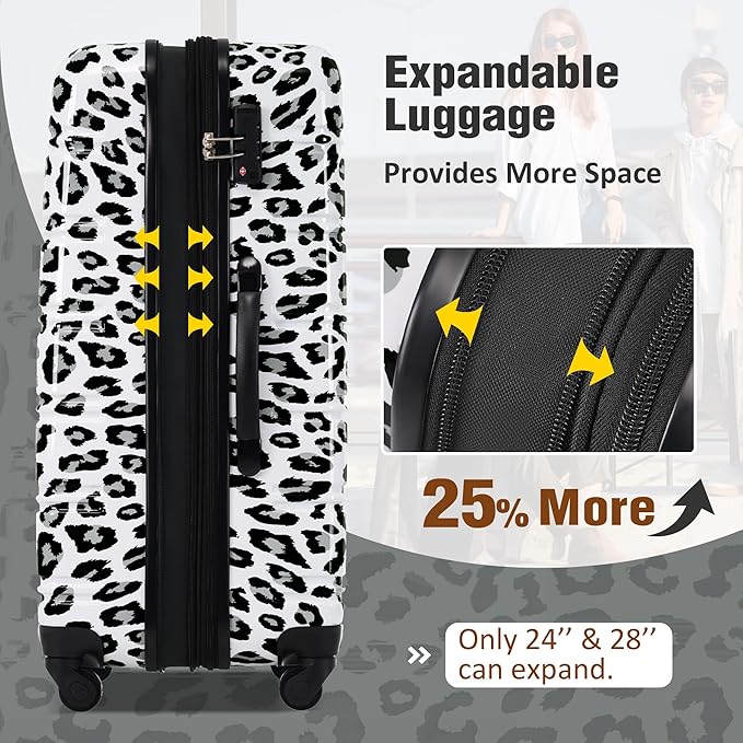 Merax Luggage Sets 3 Piece, Hardside Expandable Suitcase Set with Spinner Wheels, Lightweight Leopard 20+24+28 IN Suitcase with Carry on Luggage, Leopard White+Black