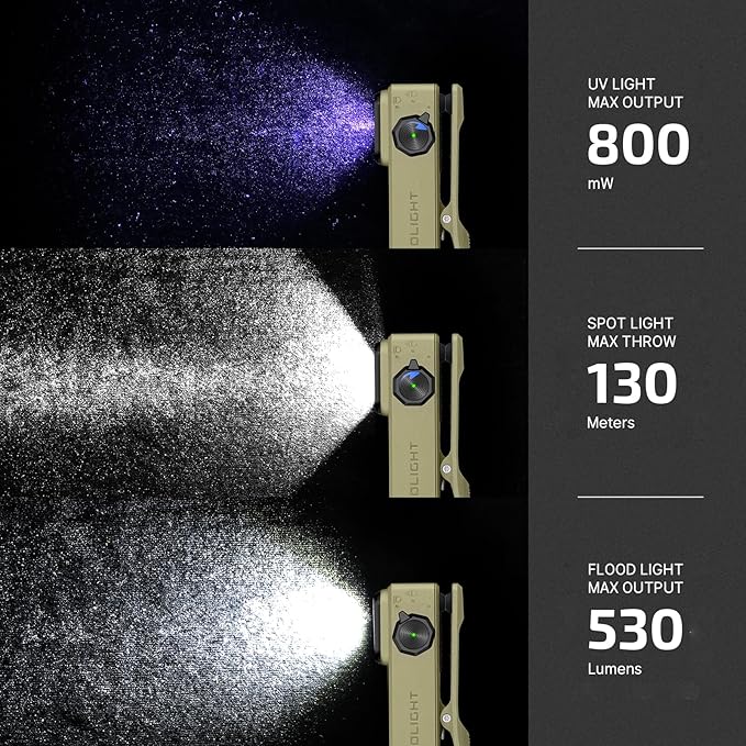 OLIGHT Oclip Ultra EDC Flashlight Clip-on Light, 530 Lumens Rechargeable with Type-C Charging, Combines Floodlight, Spotlight and UV, Triple Magnetic Lights for Inspection and Work (Olive Green)