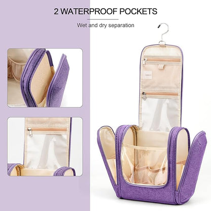 Travel Hanging Toiletry Bag for Women and Men, 6 Organizer Compartments, Holds Full Size Bottles, Extra Large Cosmetic Accessories, Makeup essentials, Bathroom Water-resistant Toiletries Bag, Purple