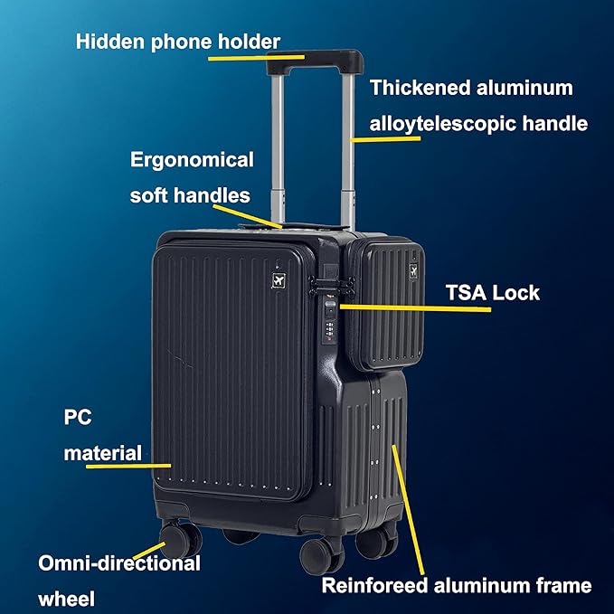 20-inch Front-Opening Aluminum Frame luggage - Spinner Wheels TSA Lock PC Material With External lD Bag Convenient And Fast, Suitcase for Business Travel & Short Trips (Black)