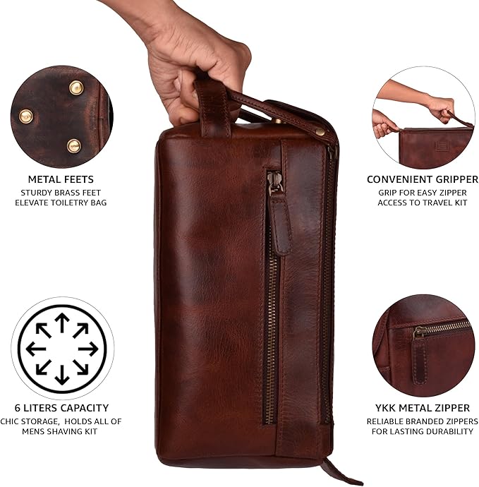 LEATHER VILLAGE Premium Leather Travel Toiletry Bag - Water-Resistant Dopp Kit for Toiletries, Large Shaving Bag & Bathroom Organizer - Gift for Men & Women - Cherry Brown