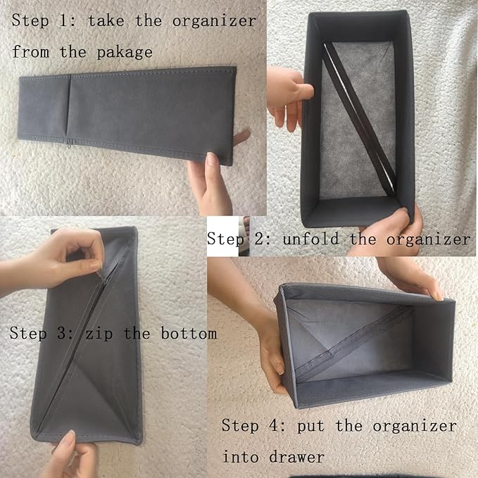 Drawer Organizer Set 4 Pack Gray, Fabric Dresser Organizer 11"x5.5"x4.8" & 11"x11"x4.8", Foldable Storage Drawers for Clothes Underwear Socks Bra Baby Dresser Closet