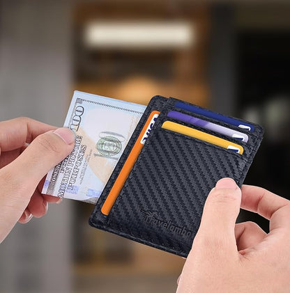Travelambo Slim Wallet Front Pocket Minimalist Leather RFID Blocking Medium Size (Carbon Fiber Black)