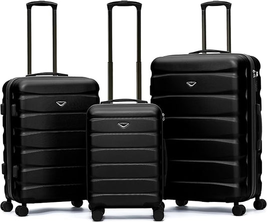 Flight Knight Luggage Sets TSA Lock Silent Double Spinner Wheels Suitcase With Case Maximum Carry On Bag Size For American & United Approved Airlines(3 Piece Set (22/27/31"),Black)