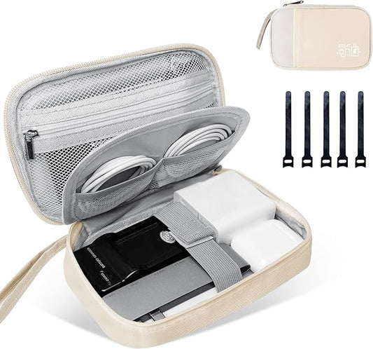 Electronics Travel Organizer,Portable Waterproof Electronic Travel Storage Bag for Small Charging Cord Storage,Charger,Small Electronics,SD Card,with 5 Cable Ties,for Travel,Business-Beige