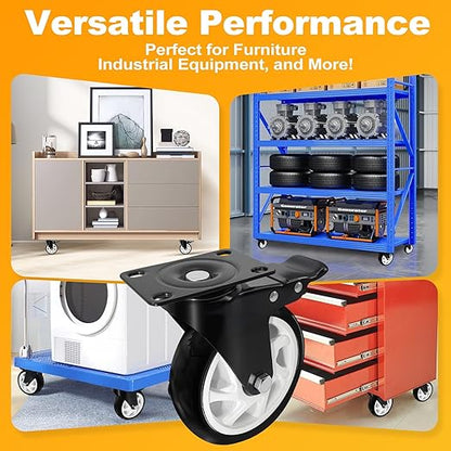 5 Inch Heavy Duty Caster Set of 4, Swivel Plate Castor Wheels with Dual Locking Brakes, Silent Polyurethane (PU) Wheels, 360 Rotation, 2800lbs Load Capacity-Black
