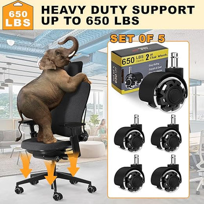 Office Chair Wheels, 2 Inch Smooth & Quiet Rolling Casters Replacement, Computer Gaming Chair Casters for All Hardwood Floors & Carpet, Smooth Safe Rubber Wheels-Set of 5, Black