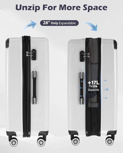 Coolife Luggage Expandable(only 28") Suitcase PC+ABS Spinner 20in 24in 28in Carry on (white grid new, L(28in))