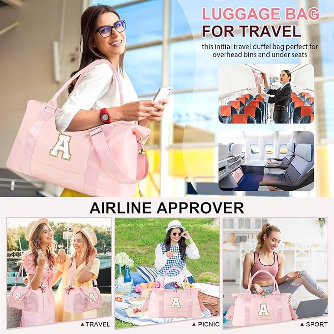 Dance Gym Duffel Bag for Teen Girls, Personalized Initial Travel Weekender Bag,Cute Overnight Carry On Duffle for Women,Sports Travel Cheer Bag,Monogram Christmas Gifts for Tween Preppy(pink-A)