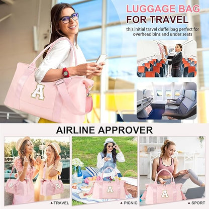 Dance Gym Duffel Bag for Teen Girls, Personalized Initial Travel Weekender Bag,Cute Overnight Carry On Duffle for Women,Sports Travel Cheer Bag,Monogram Christmas Gifts for Tween Preppy(pink-A)