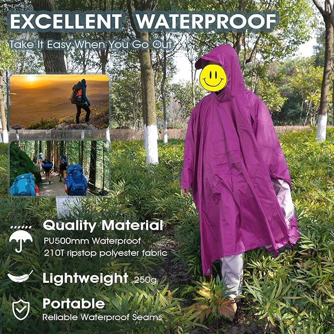 Cosmine Hooded Rain Poncho for Adult with Pocket, Waterproof Lightweight Unisex Raincoat Jacket for Hiking Camping Emergency