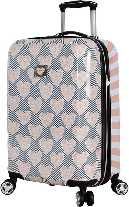 Betsey Johnson Designer 20 Inch Carry On - Expandable (ABS + PC) Hardside Luggage - Lightweight Durable Suitcase With 8-Rolling Spinner Wheels for Women (Chevron Hearts)