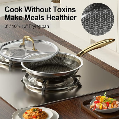 Fogdream 12” Non Stick Frying Pans, Stainless Steel Skillet with Lid, Tri-Ply Stainless Steel for All Cooktops, Dishwasher and Oven-Safe Cooking Pan, Stay-Cool Handle, Gold