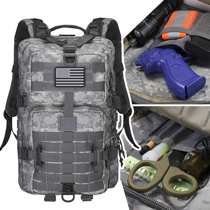 MOLLE Assault Backpack, Tactical Backpack Army Military Camping Rucksack, 3-Day Pack Travel Trip w/USA Flag Patch, D-Rings, ACU Camo
